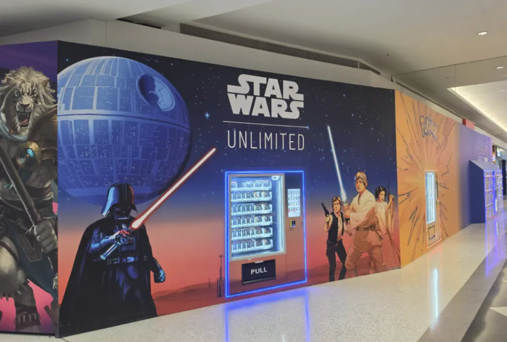 Star Wars TCG wall of themed gacha capsule machines at Sunshine Marketplace